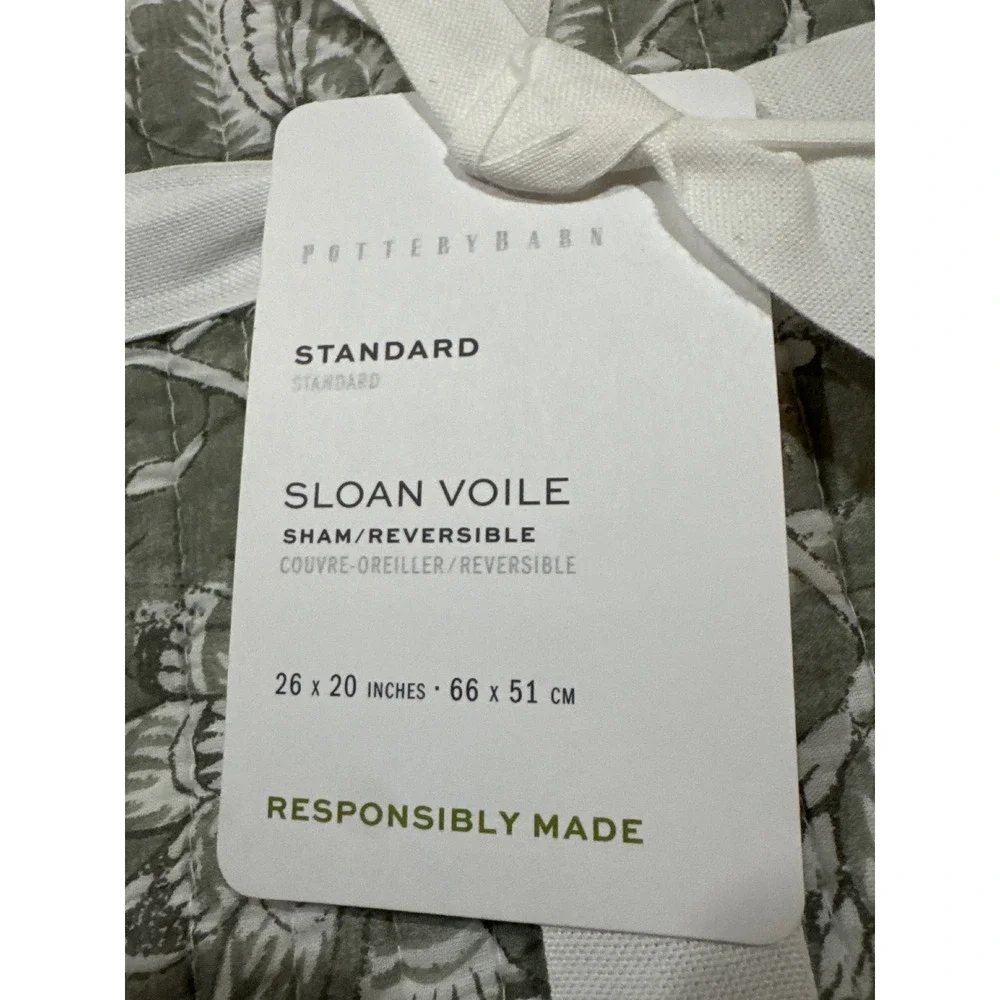 Pottery Barn Sloan Voile Reversible Quilted Sham Standard Eucalyptus Green White